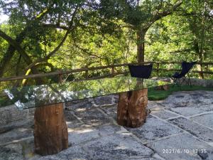 una panchina di tronchi e di vetro di Casa das Andorinhas a Póvoa de Lanhoso
