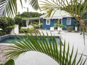 une maison bleue avec un palmier en face dans l'établissement Complexe de deux bungalows de standing, à Case-Pilote