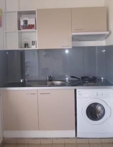 eine Küche mit einer Spüle und einer Waschmaschine in der Unterkunft Studio à la semaine, au mois ou plus in Le Moule