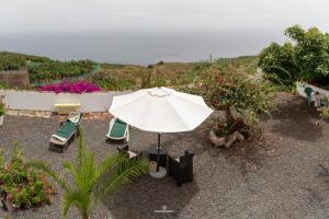 an umbrella and lounge chairs with the ocean in the background at Bodega Goyo in Puntallana