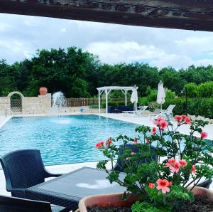 a swimming pool with a table and chairs and flowers at Agriturismo La Dimora dei Cavalieri in Vaglio di Basilicata