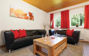 a living room with black leather furniture and red pillows at Ferienhaus 6 In Thalfang in Thalfang