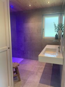 een badkamer met een wastafel en een raam bij Bergheimat Tirol in Lermoos +14 foto's