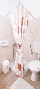 a bathroom with a toilet and a shower curtain at Chrysanthi Melitsa apts. in Sidari +66 photos