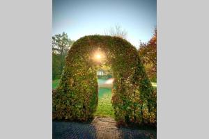 Une arche dans un parc où le soleil brille dans l'établissement Karibu Het Voorhuis 2 tot 6 persoons luxe slaapkamers met een mooie woonkeuken, à Daarle