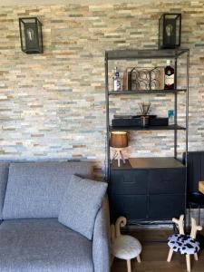 a living room with a couch and a brick wall at Magnifique T3 au Pla D Adet (Saint Lary)grand confort entièrement refait à neuf avec une vue exceptionnelle sur la vallée in Saint-Lary-Soulan