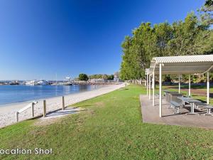 a park with benches and a pavilion on the beach at The Landmark 211 Resort Style holiday with pool games room and restaurant in Nelson Bay
