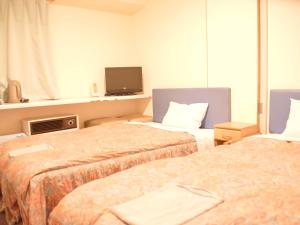 a hotel room with two beds and a tv at Business Hotel Chateau Est Takamatsu in Takamatsu