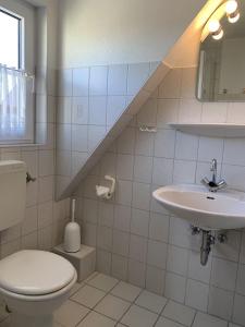 a bathroom with a toilet and a sink at Wiesenblick in Grube