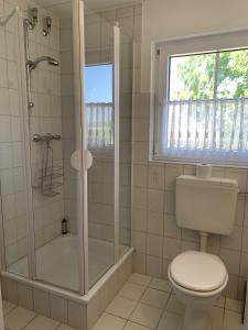 a bathroom with a shower and a toilet at Wiesenblick in Grube