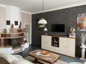 a living room with a couch and a tv at Apartments & Ferienhaus Senftner in Thale