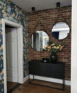a room with a brick wall with a mirror and a black cabinet at Apartament Ratuszowy in Zamość