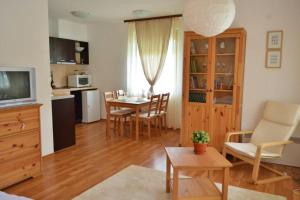 a living room with a kitchen and a dining room at Просторная студия в жилом комплексе Hill Top in Bansko