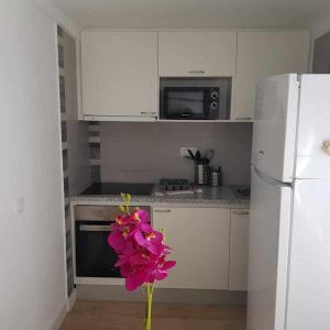a kitchen with a white refrigerator and pink flowers at Apartamento Talay 1 in Corralejo