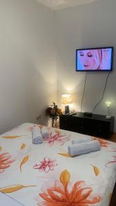 a bedroom with a bed with a tv on the wall at Apartman Toni in Promajna