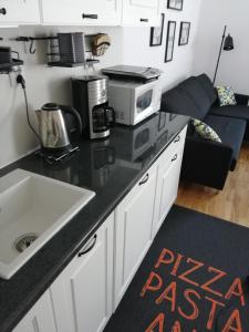a kitchen with a sink and a microwave on a counter at Topsen Jedlina-Zdrój in Jedlina-Zdrój