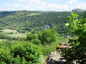 a view from the top of a hill with a castle in the distance at gite du cresponnet in Murat