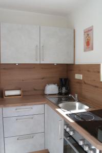 eine Küche mit weißen Schränken und einem Waschbecken in der Unterkunft Ferienhaus Bayerwald in Ringelai