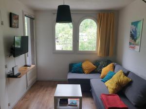 Una sala de estar con un sofá y un televisor. en Appt cosy au centre de Chamonix, en Chamonix-Mont-Blanc 14 fotos más