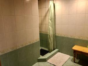 a shower with a shower curtain in a bathroom at Brīvdienu mājas Pārupes in Bauska +13 photos