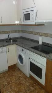 uma cozinha com um lavatório e uma máquina de lavar roupa em En el Sella em Cangas de Onís