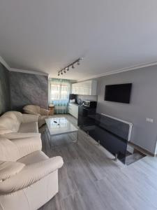 a living room with a couch and a table at Vila El Passo in Târgu-Mureş