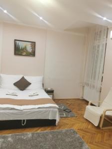 a bedroom with a large bed and a chair at Baross-hat 5 in Szolnok