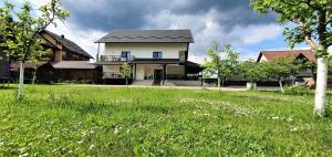 a house with a grass field in front of it at Bukovina Blue in Mănăstirea Humorului