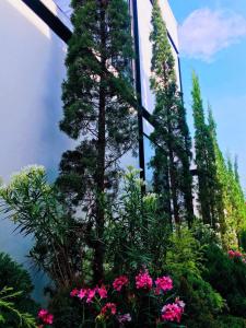 um grupo de árvores e flores em frente a um edifício em The Gold Living Life em Thung Song