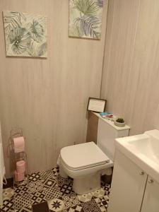 a bathroom with a toilet and a sink at La Vieille Grange - NOUVEAU - in Saint-Privat-des-Prés