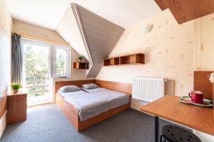 ヤストシェンビャ・グラにあるPokoje Goscinne Majのベッドとデスクが備わる小さな客室です。