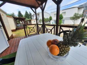 a bowl of fruit sitting on top of a table at Kamp Rujno in Starigrad