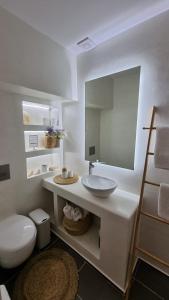 uma casa de banho com um lavatório, um WC e um espelho. em D&D apartments em Antiga Epidauro