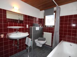 ゼーフェルト・イン・チロルにあるApartment Karina by Interhomeの赤いタイル張りのバスルーム(洗面台、トイレ付)