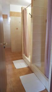 a bathroom with a shower with a shower curtain at Apartmány 105 in Habovka