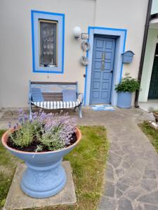 um banco e um vaso de flores em frente a uma casa em RESIDENZA DI SANDRA em Ilha Albarella