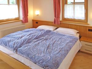 Campitello的住宿－Apartment Giovanni - CPO359 by Interhome，一间卧室配有一张蓝色棉被和两个窗户。