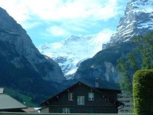 a house in front of a view of mountains at Apartment Chalet am Reeti by Interhome in Grindelwald