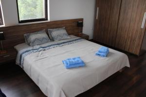 a bedroom with a large bed with blue towels on it at Villa Flemish in Izgryev