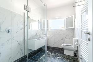 a bathroom with a glass shower and a toilet at Castel Abaso Boutique Apartments by Explore Andros in Andros