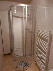 a shower with a glass door in a bathroom at Riedlhof in Kössen