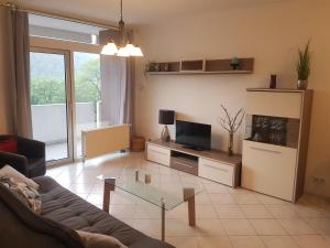 ein Wohnzimmer mit einem Sofa und einem Glastisch in der Unterkunft Apartment Angelique in Bad Harzburg