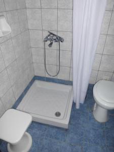 W łazience znajduje się prysznic, umywalka i toaleta. w obiekcie Hotel Marina w mieście Agios Ioannis Pelio