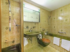 La salle de bains est pourvue de toilettes, d'un lavabo et d'une baignoire. dans l'établissement Apartment Zen Stecken A by Interhome, à Zermatt