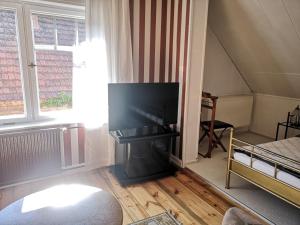 a living room with a flat screen tv in the corner at Am Lindenplatz in Crinitz