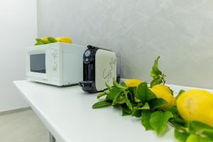 un forno a microonde seduto sopra un bancone con limoni di Teddu B&B a Giardini Naxos