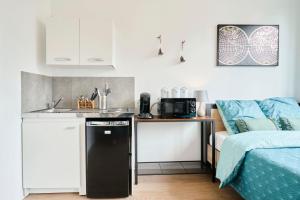 uma pequena cozinha com um lavatório e um sofá num quarto em LocationsTourcoing - Le Nature em Tourcoing