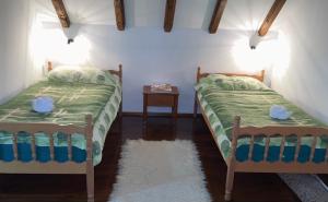 two twin beds in a room with a table at Lovcen Holiday Home in Cetinje