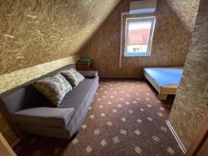 a small room with a couch and a bed and a window at Ežerų glėby in Zarasai