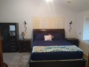 a bedroom with a blue bed with two night stands at Loft on the Pacific in La Union de Isidoro Montes de Oca